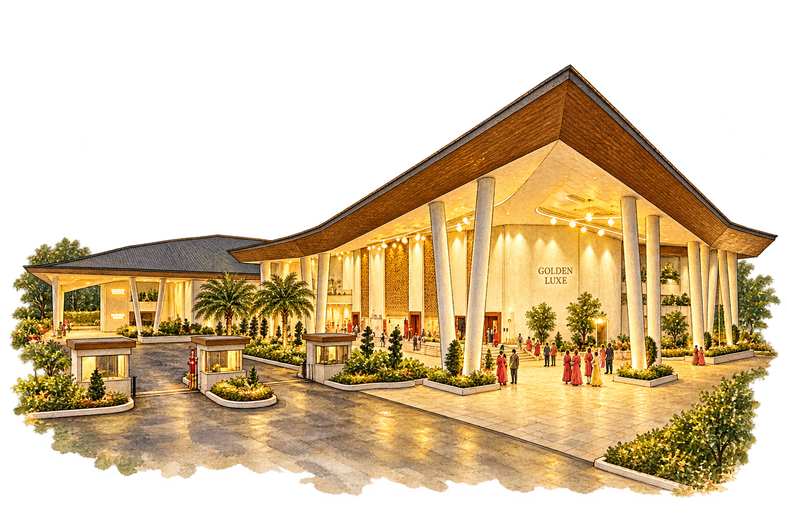 Painted illustration of Golden Luxe with its sweeping roof, white columns and warmly lit entrance